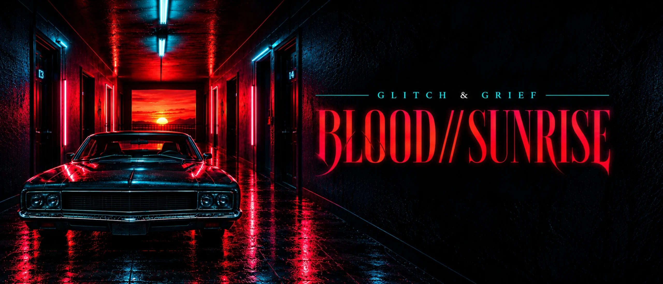 BLOOD//SUNRISE — red morning, motel corridor and black chrome